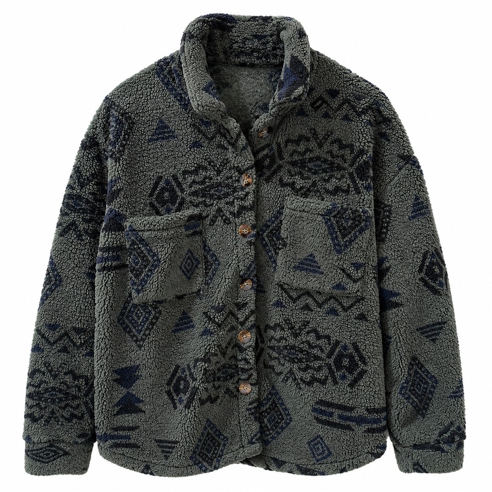 Aztec Sherpa Shacket Jacket Olive Green Navy Button-Front Cozy Fleece‎ Small